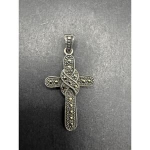 Vtg Sterling Silver 925 Marcasite Studded Cross Religious Pendant 36.8mm